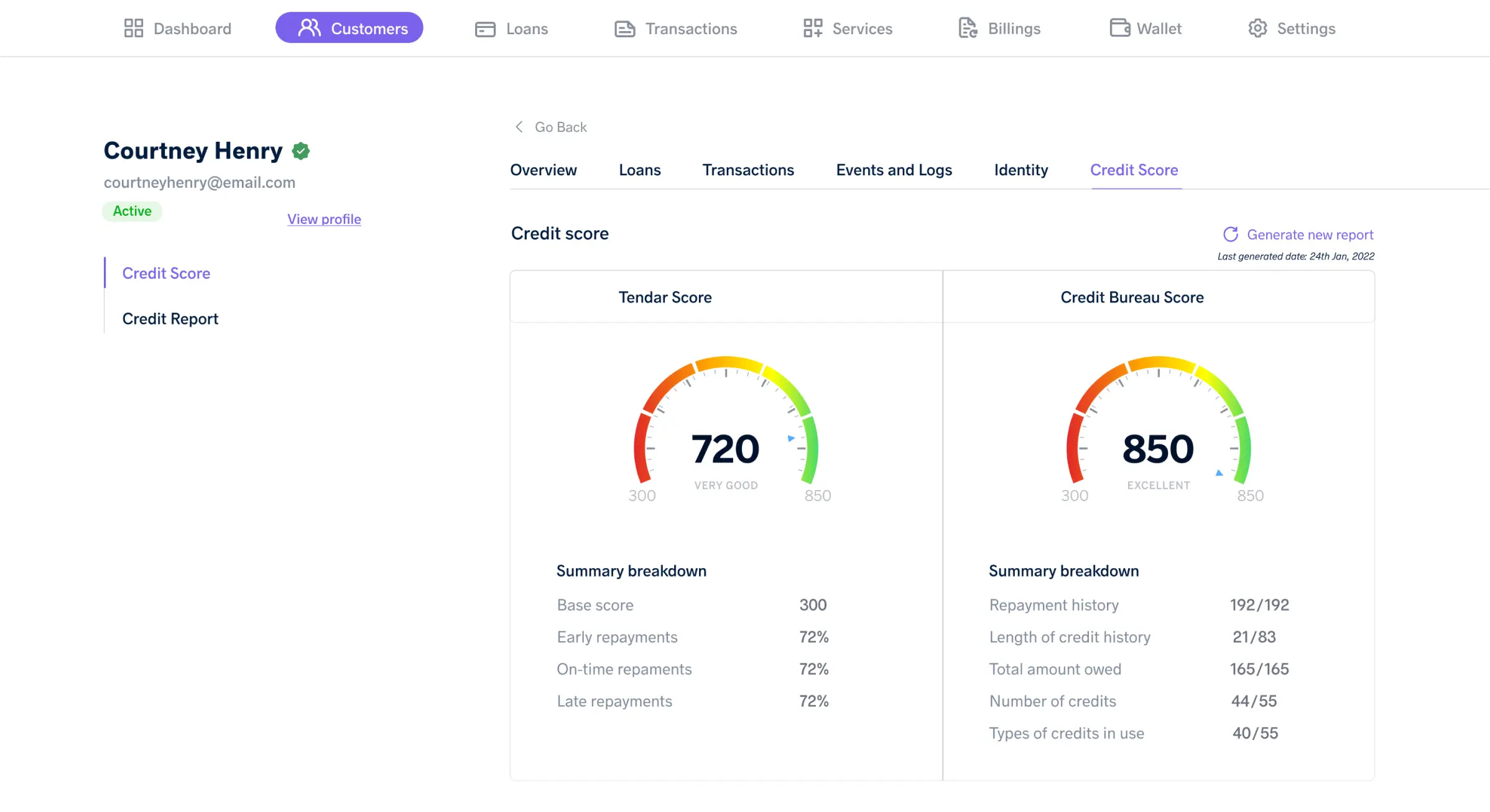 Customer credit score page
